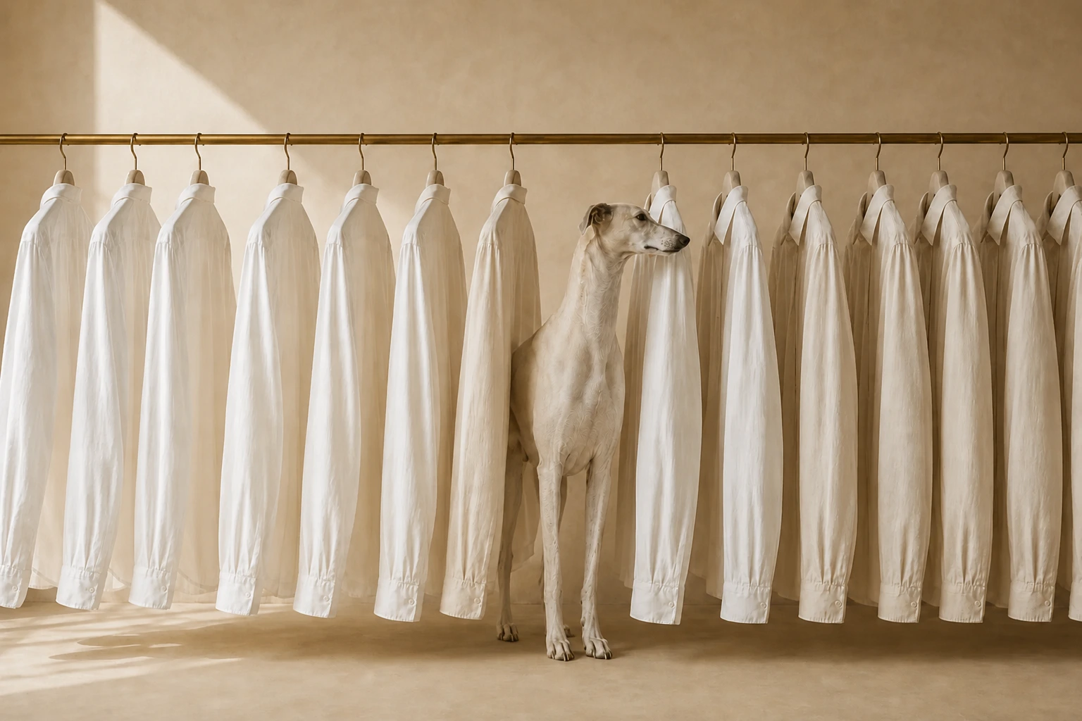 Perro galgo entre camisas blancas GALGO en un perchero