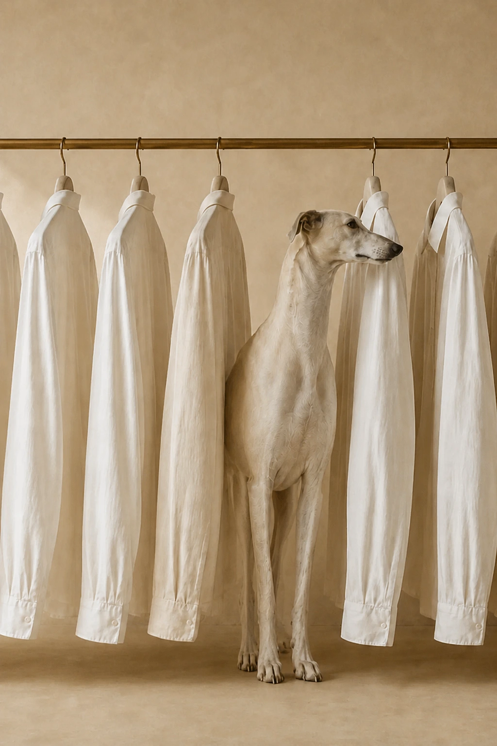 Perro galgo entre camisas blancas GALGO en un perchero
